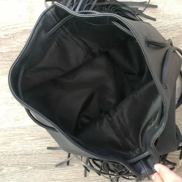 Victoria's Secret Drawstring Fringe Backpack Bag Large Black‎ Purse READ - Picture 8 of 12